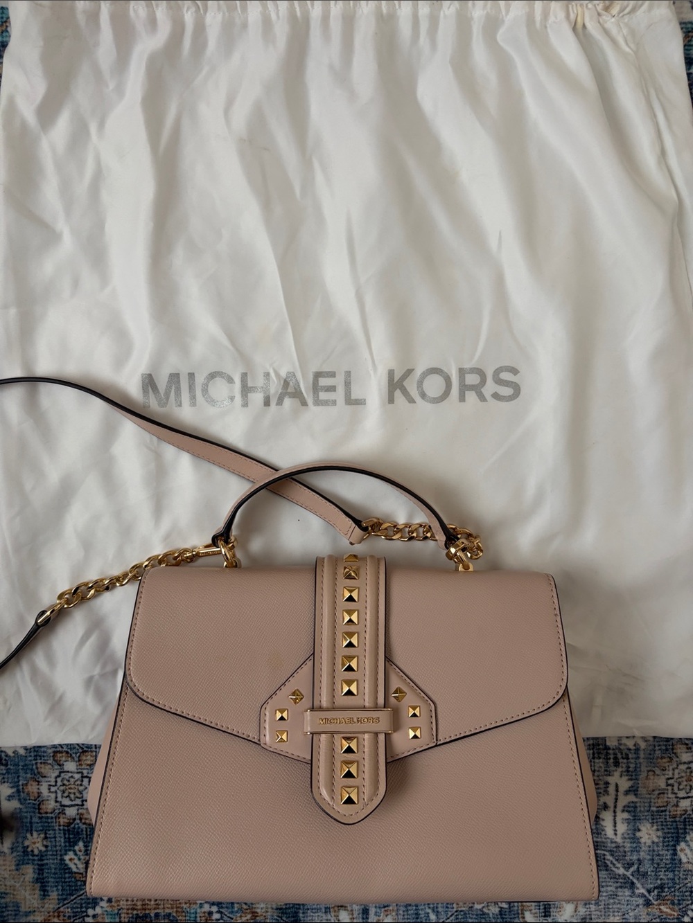 Michael Kors Blush Taupe Leather Satchel with Gold Stud Accents